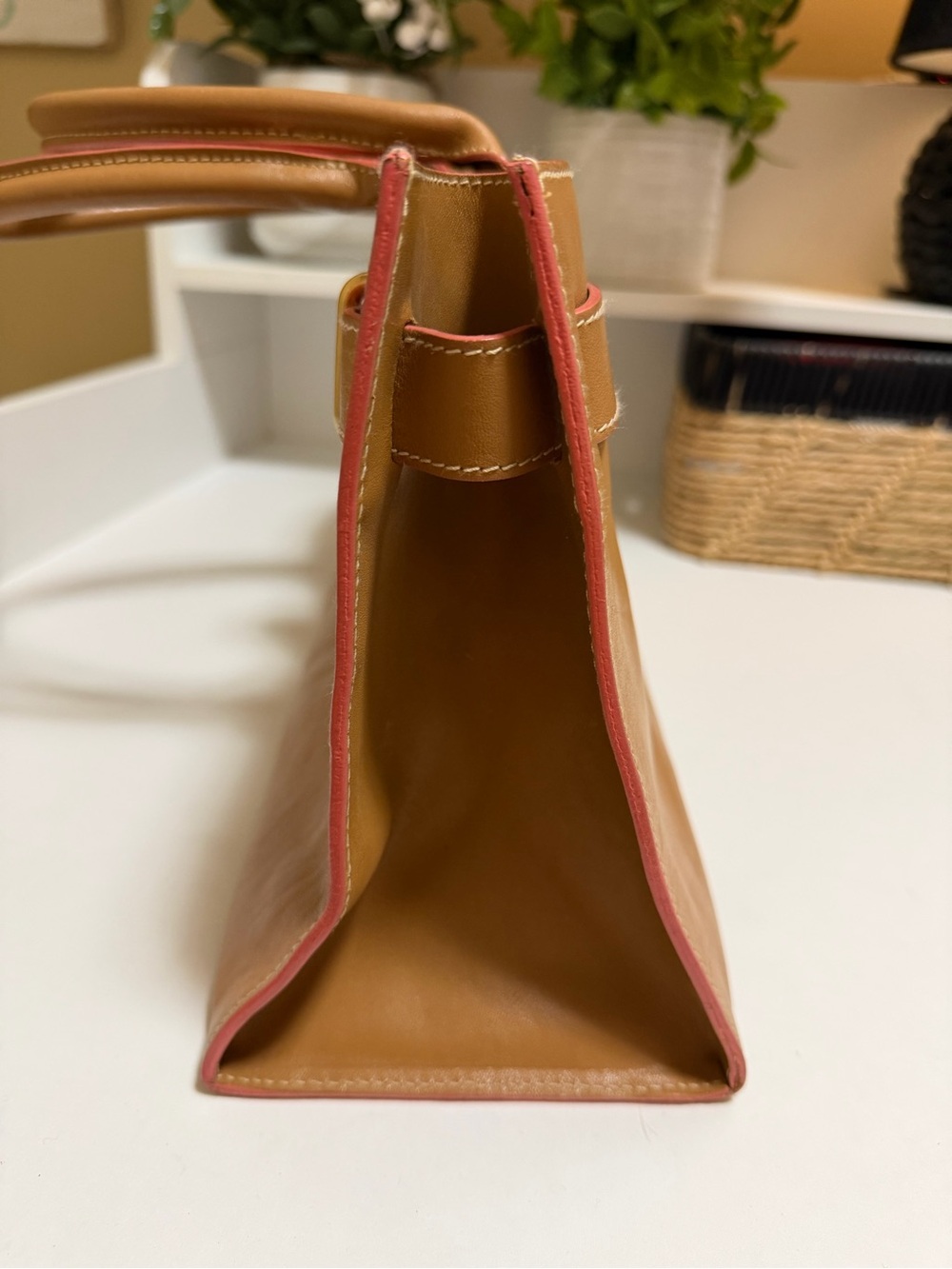 Furla Classic Tan Leather Tote Bag, tan with pink accent, excellent condition - Picture 6 of 15
